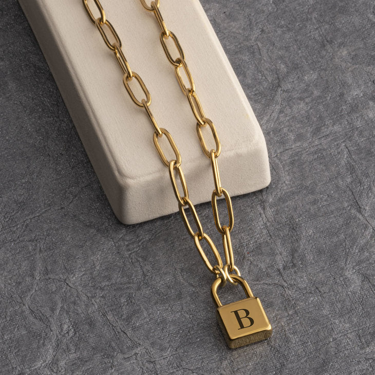 Engraved Initial Lock Pendant Necklace