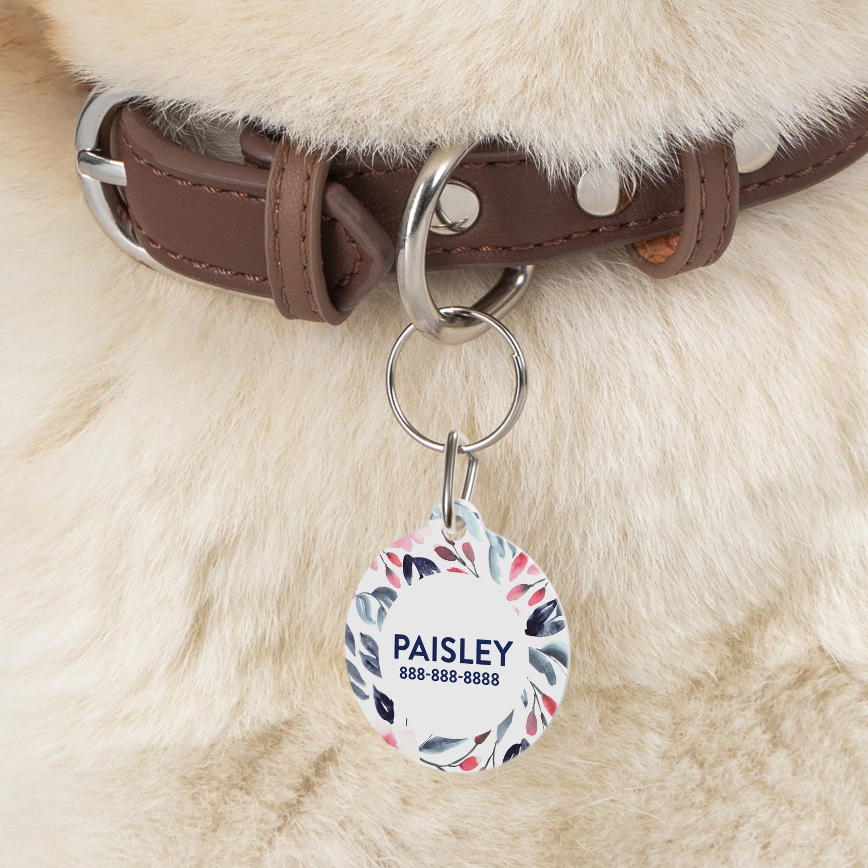 Personalized Pet Tag - Floral on a brown leather collar