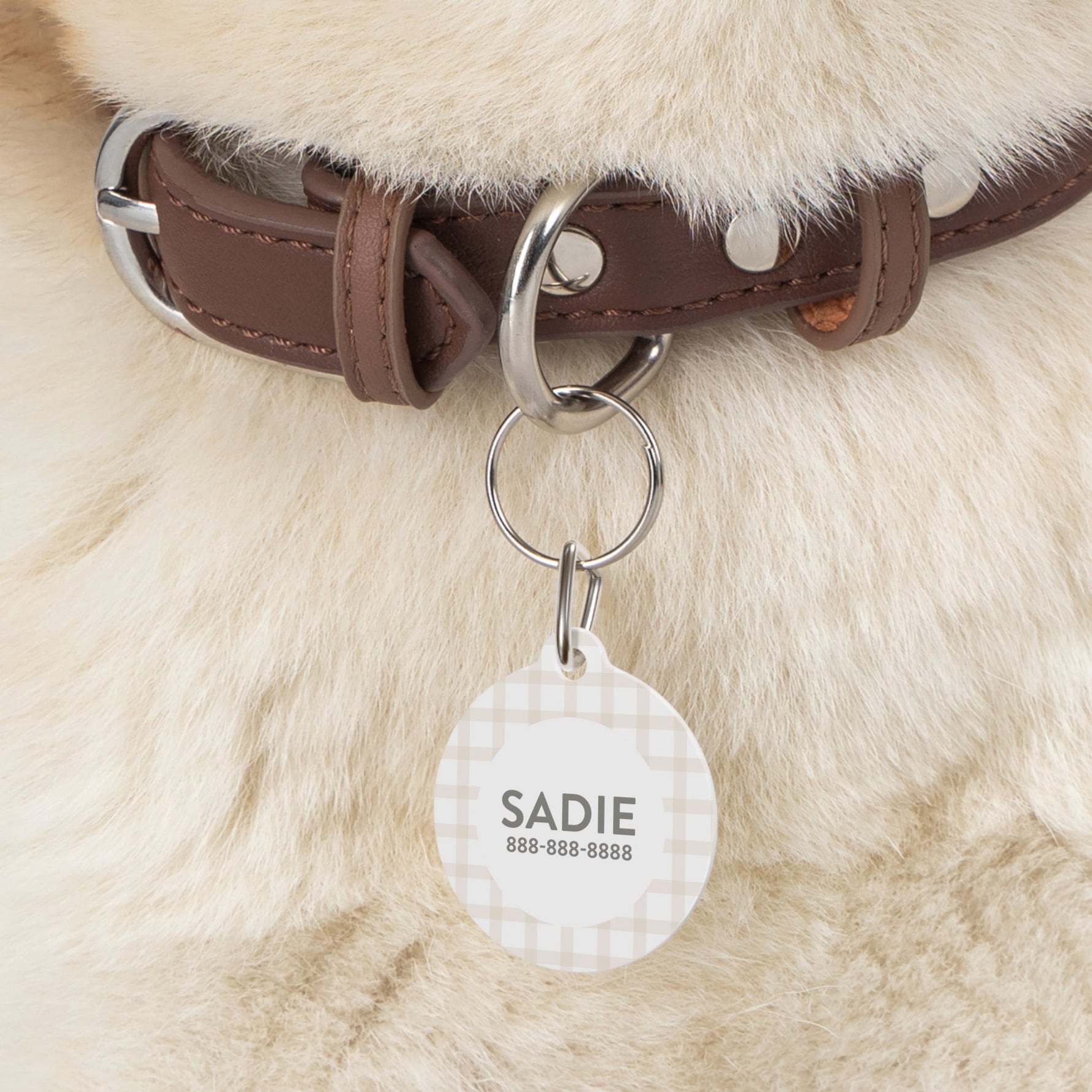 Personalized Pet Tag - Tan Plaid on a brown leather collar