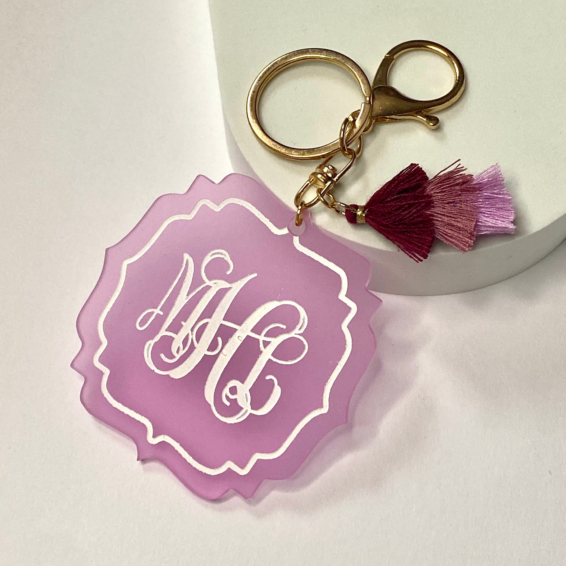 Pink and Lime Green Quatrefoil Monogram Keychain