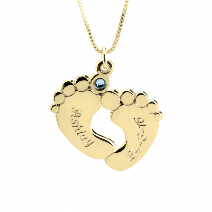 Baby Feet Engraved Birthstone Necklace