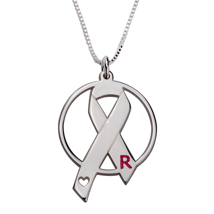 Circle Breast Cancer Ribbon Initial Necklace - Daily Monogram