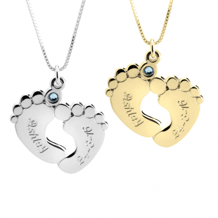 Baby Feet Engraved Birthstone Necklace