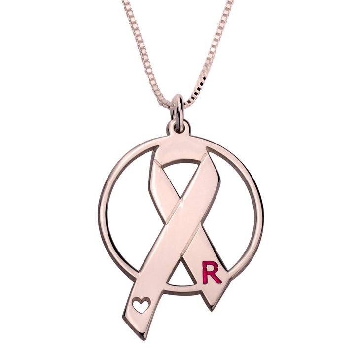 Circle Breast Cancer Ribbon Initial Necklace - Daily Monogram